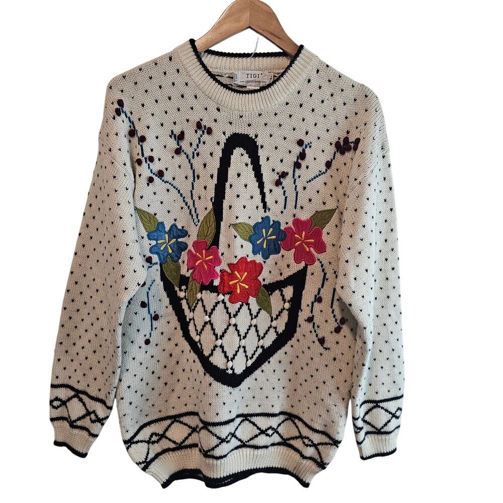 Vintage Floral Sweater Women LG 90s White Cottage Preppy Academia Coquette